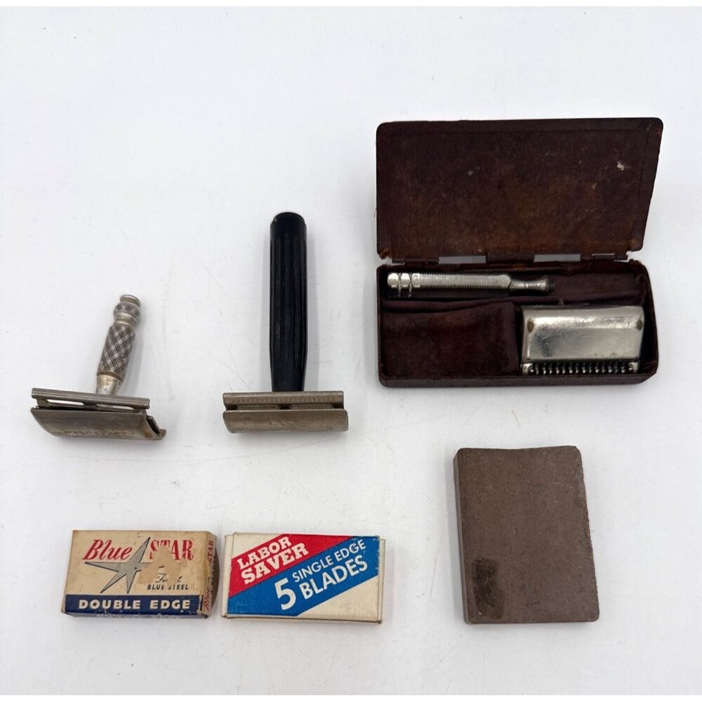 Vtg Gillette Safety Razors Metal & Plastic Handles Includes Blades & Travel Case